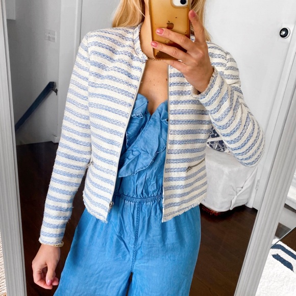 π BIKBOK BLUE IVORY STRIPE FRINGE ELEGANT BLAZER JACKET! - Picture 3 of 15